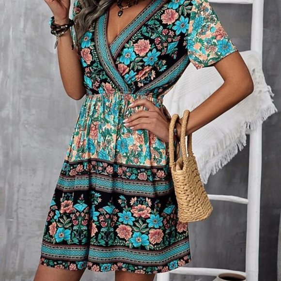 Boho Floral Multi color Surplice Neck Mini Dress - Picture 5 of 7